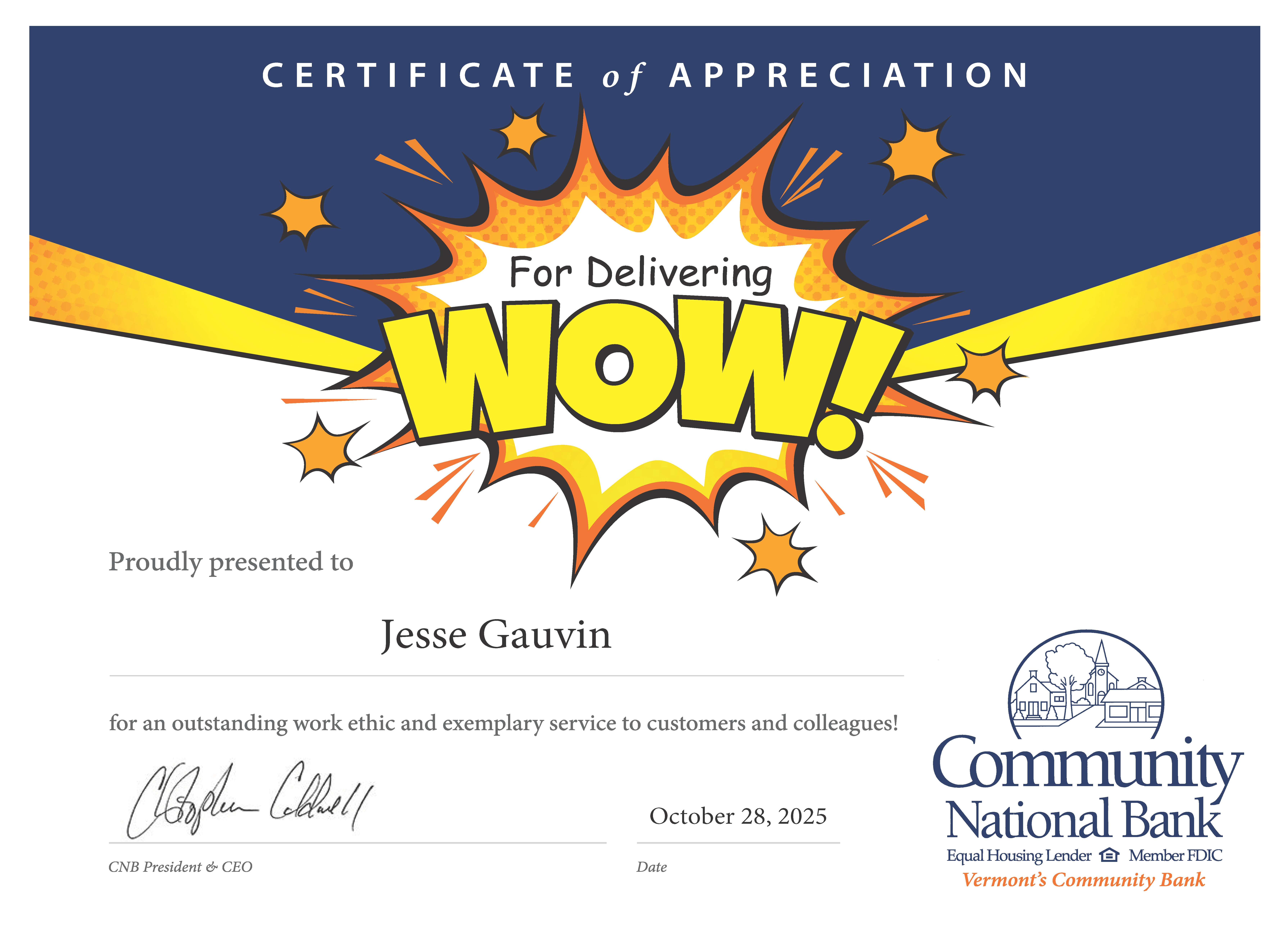 Certificate of Appreciation for Delivering WOW! - Jesse Gauvin